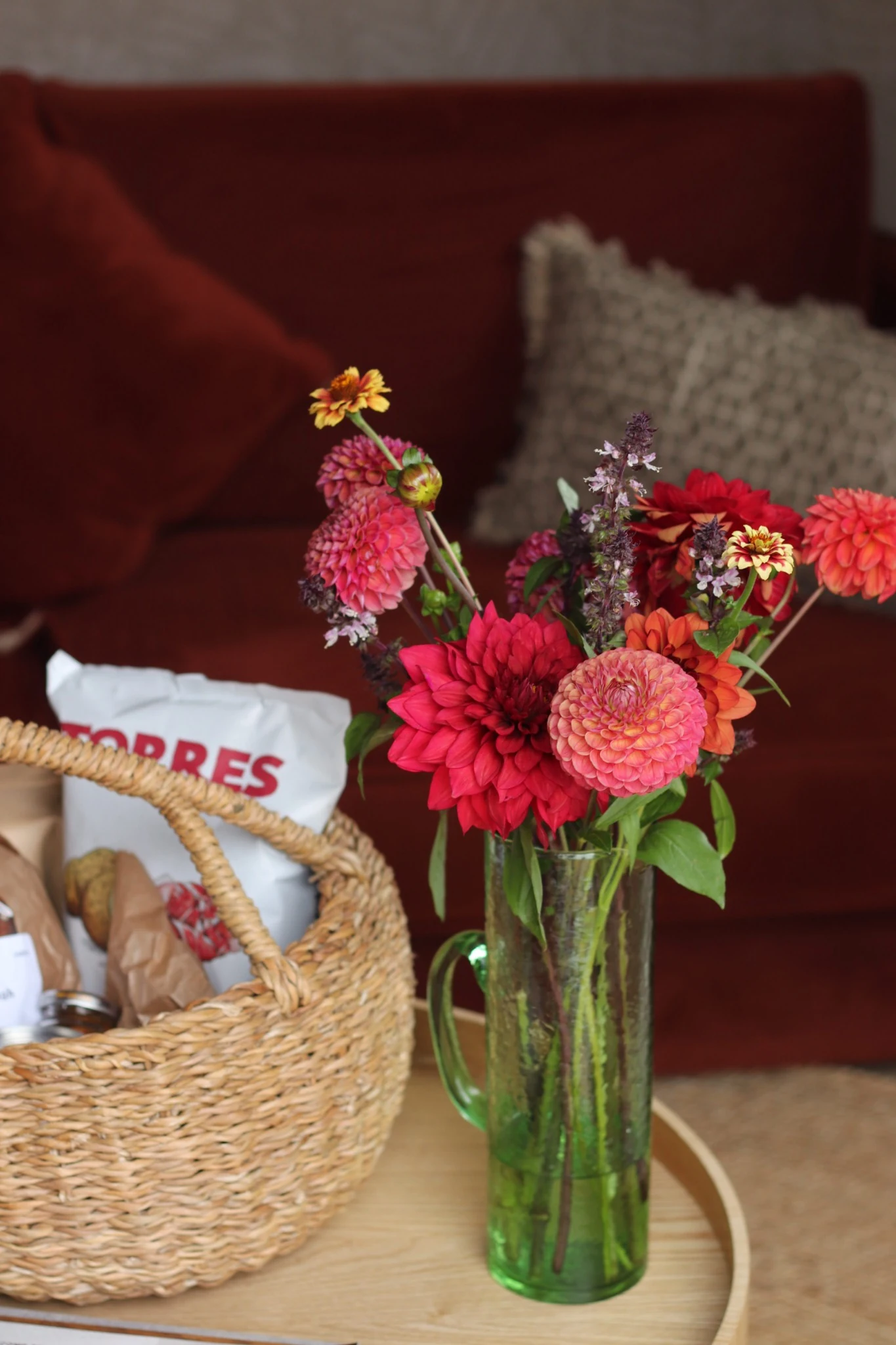 Flowers and welcome basket close-up