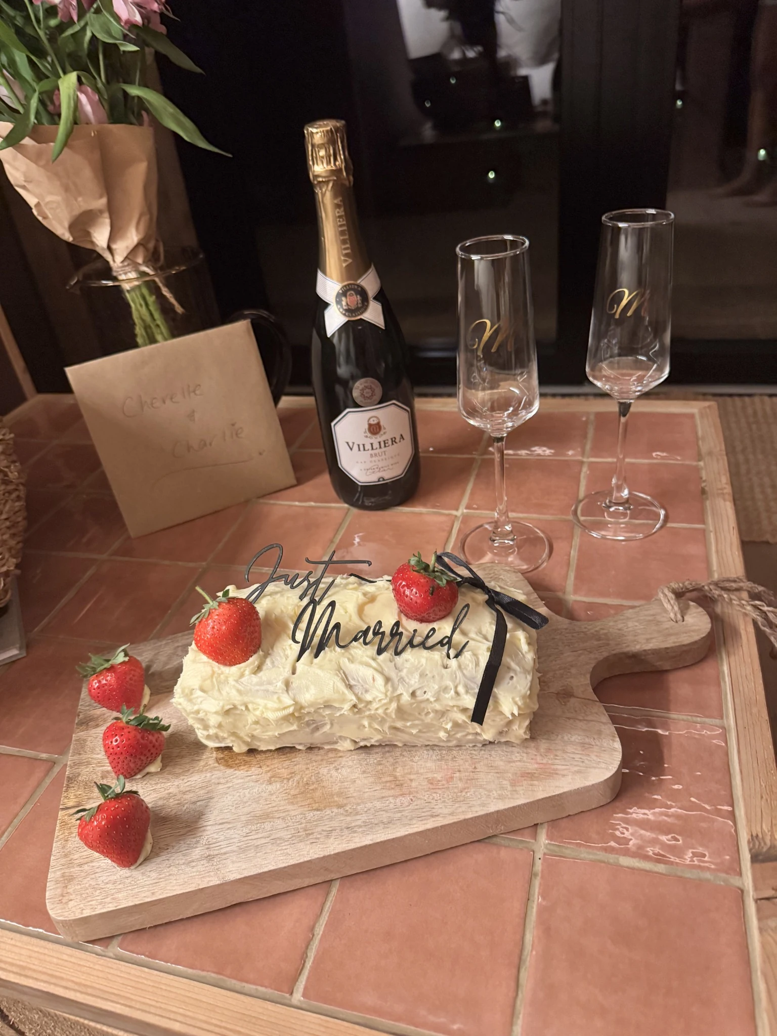 Celebration cake and champagne close-up