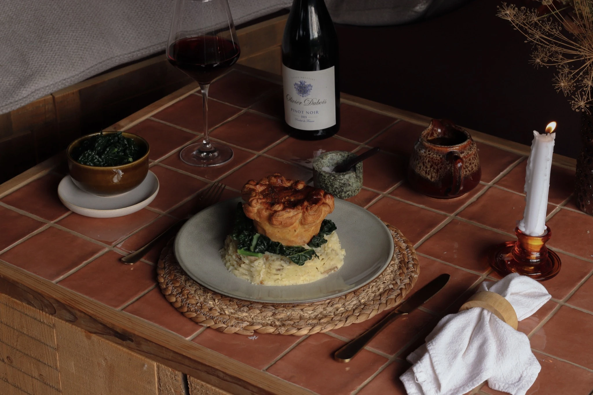 Pie and Pinot at the cabin table